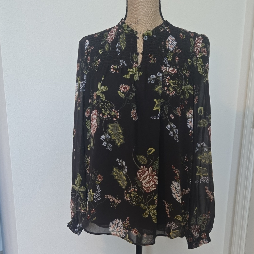 LOFT Black Blouse with Floral Print